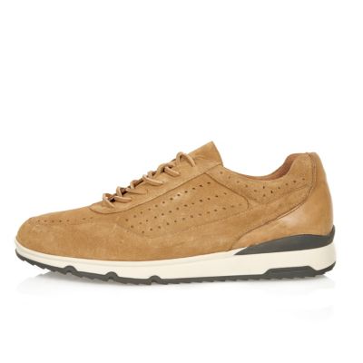 Camel suede perforated trainers